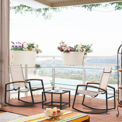 3-Piece Outdoor Patio Bistro Set, Patio Furniture Sets with 2 Rocking Metal Chairs and Glass Coffee Table, Textilene Fabric Small Patio Furniture Set for Yard, Garden, Balcony, Poolside