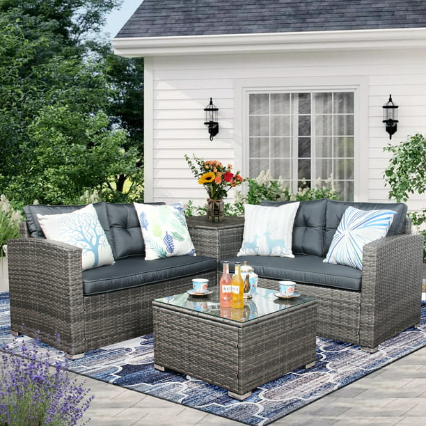 Clearance! Wicker Patio Sets, 4 Piece Patio Furniture Sets with Loveseat Sofa, Storage Box, Tempered Glass Coffee Table, All-Weather Patio Conversation Set with Cushions for Backyard, Garden, L4990