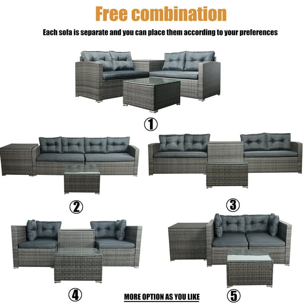 4 Piece Patio Sectional Sofa Set with Loveseat Sofa, Storage Box, Tempered Glass Coffee Table, All-Weather Outdoor Conversation Set with Cushions for Backyard, Porch, Garden, Poolside,L4994