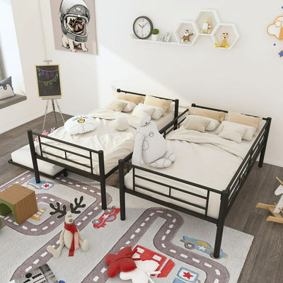 Bunk Beds Twin-Over-Twin, Kids Twin Over Twin Loft Bed with Stairs and Guard Rail, Sturdy Metal Convertible Bunk Bed Frame with Twin Size Trundle, Easy Assembly, No Spring Box Needed, Black, SS1377