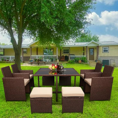 9 Piece Indoor Outdoor Wicker Dining Set Furniture, Patio Rattan Furniture Set with Wood Tabletop and Stackable Armrest Chairs, All-Weather Sectional Conversation Set with Cushions