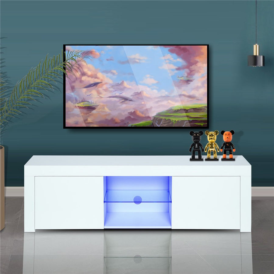 Television Stands for TVs up to 55'', Modern Gloss Entertainment Center with LED Lights, Media Console Table Storage Desk with Drawer and Open Shelves for Up to 55 Inch TV, White, S9816