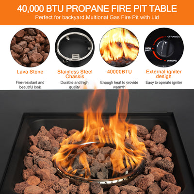 SEGMART 28" Propane Gas Fire Pit Fireplace, Outdoor 40,000 BTU Auto-Ignition Propane Gas Fire Pit Table, Rattan-Look Fire with Lava Stone, Adjustable Flame and Control Knob, Removable Lid, S9682