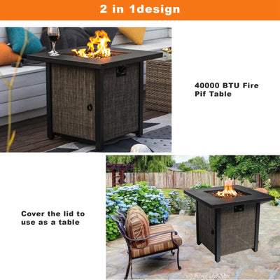 SEGMART 28" Propane Gas Fire Pit Fireplace, Outdoor 40,000 BTU Auto-Ignition Propane Gas Fire Pit Table, Rattan-Look Fire with Lava Stone, Adjustable Flame and Control Knob, Removable Lid, S9682