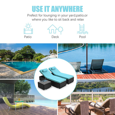 Segmart Outdoor Patio Lounge Furniture Set, 3 Pieces Adjustable Wicker Chaise Chairs with 2 Pillows, Poolside Folding Chaise Lounge Set with Cushions and Coffee Table, SS2111