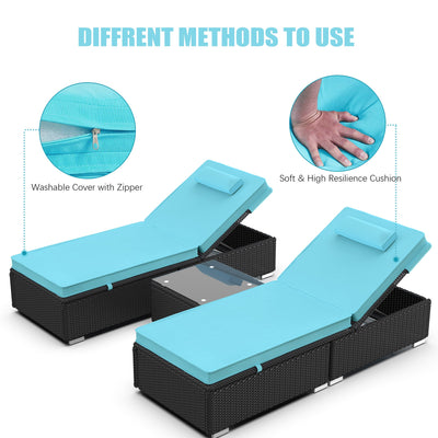 Outdoor 3-Piece Patio Furniture Sets, All-Weather Wicker Pool Reclining Chaise Chairs Set with 2 Pillows, 5-Level Angles Adjust Backrest Outdoor Lounge with Coffee Table & Cushions, S1547