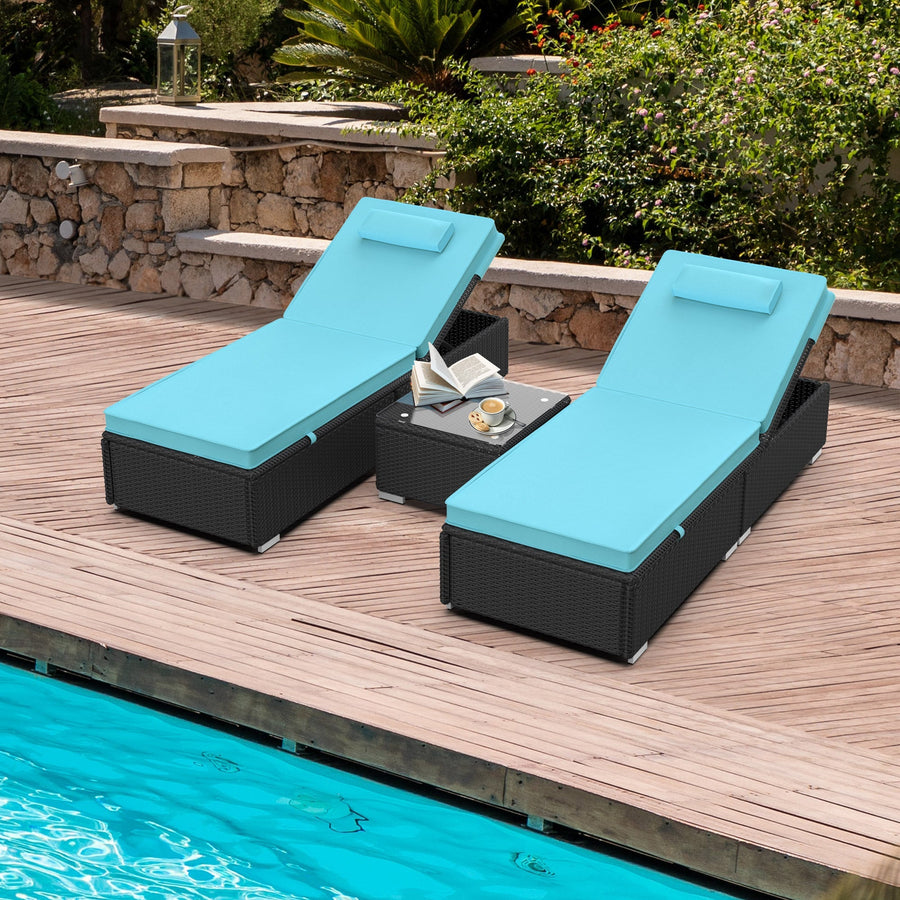 Reclining Outdoor Patio Lounge Furniture Set of 2, 3 Pieces All-Weather Poolside Rattan Wicker Pool Chaise Chairs Sets with 2 Pillows & Coffee Table, Brown PE Wicker and Blue, SS2114