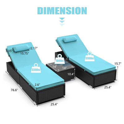Segmart Outdoor Patio Lounge Furniture Set, 3 Pieces Adjustable Wicker Chaise Chairs with 2 Pillows, Poolside Folding Chaise Lounge Set with Cushions and Coffee Table, SS2111