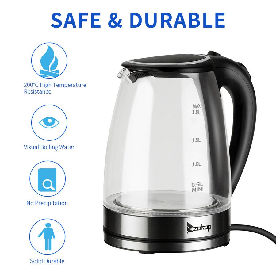 Water Kettle, 1.8L Electric Kettle to Boil Water, SEGMART Electric Tea Kettle w/ Auto Shutoff, Glass Electric Tea Kettle in Black w/ LED Light, Hot Water Pot Electric for Tea & Coffee, H609
