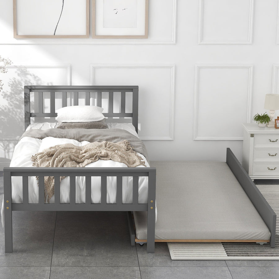 Twin Size Bed with Trundle, Twin Size Bed Frame for Girls Boys, SEGMART Wooden Twin Bed Frame with Headboard and Footboard/Wood Slat Support, Kids Twin Bed Frame No Box Spring Needed, Grey, H708