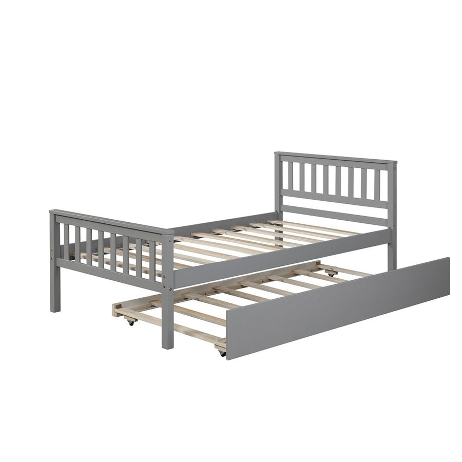 Twin Size Bed with Trundle, Twin Size Bed Frame for Girls Boys, SEGMART Wooden Twin Bed Frame with Headboard and Footboard/Wood Slat Support, Kids Twin Bed Frame No Box Spring Needed, Grey, H708
