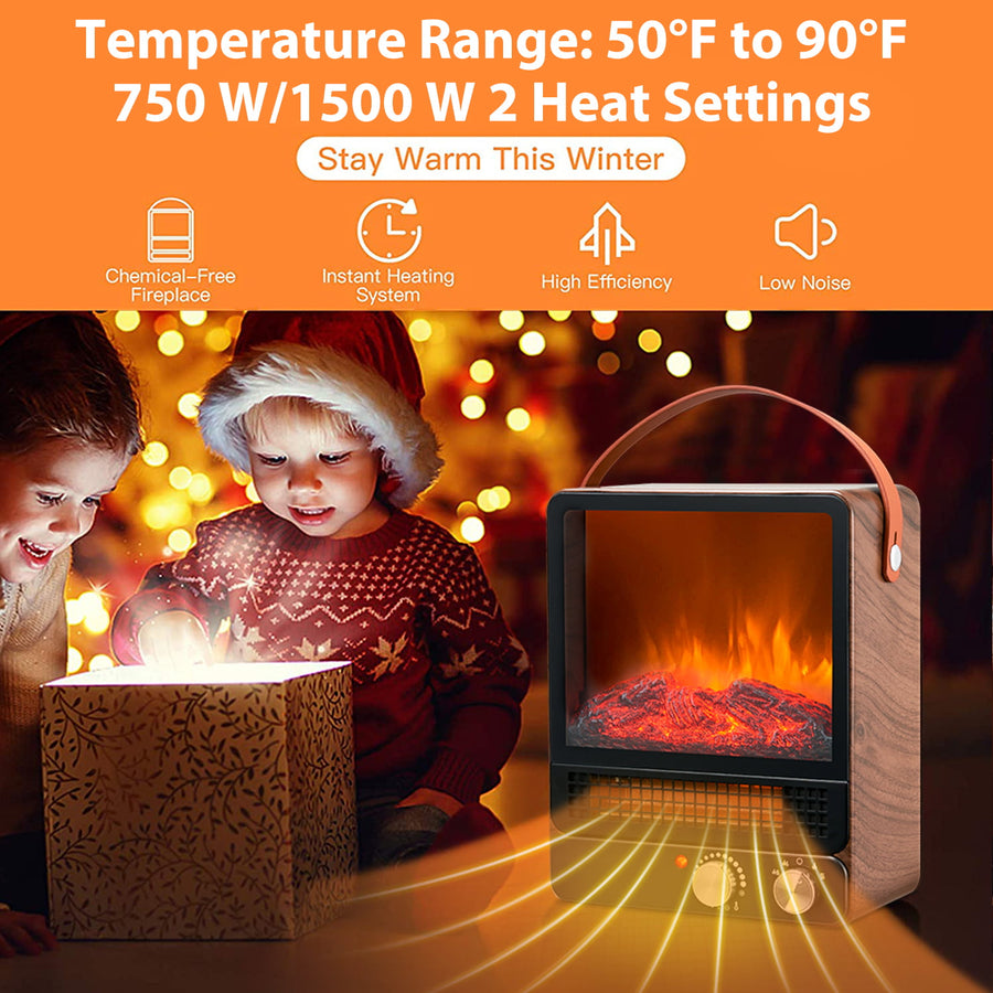 Small Space Heater, 1500W/750W Portable Electric Fireplace Heaters with Handle and Thermostat, Space Heater Fan with Realistic Flame for Office, Overheat and Tip-Over Protection, 2 Heat Setting, LL569