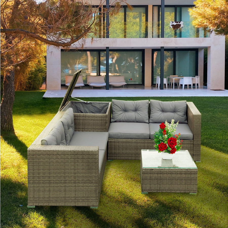 4 Piece Outdoor Patio Furniture Set, with Loveseat, Coffee Table and Storage Box, All-Weather Rectangle Patio Sofa Wicker Set with Cushions for Backyard, Porch, Garden, Pool, L