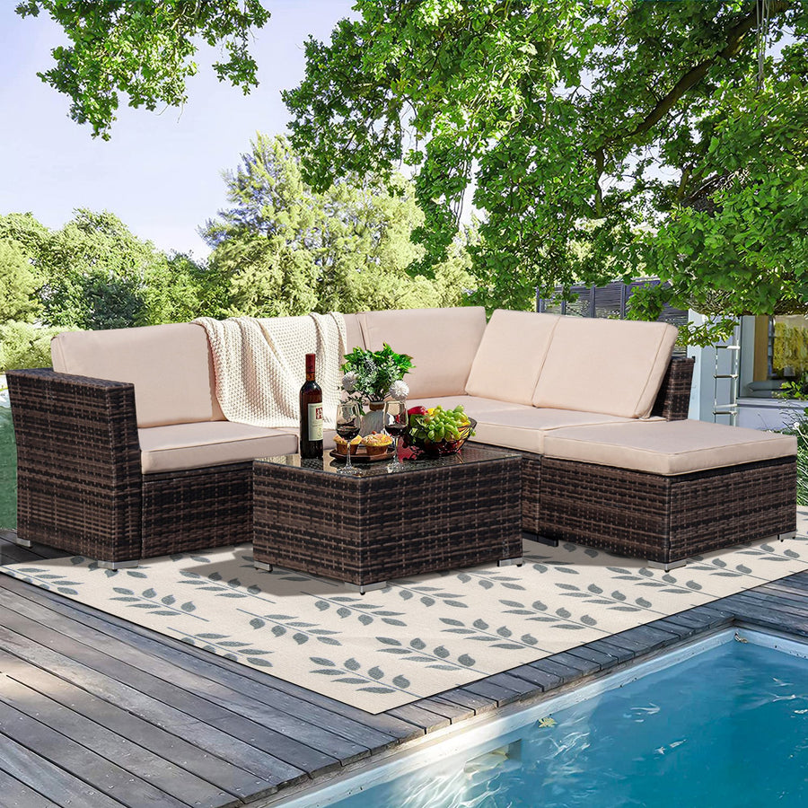Patio Couch Sectional Sofa Set, 4 Pieces Outdoor Patio Furniture Set with Cushions, Wicker Rattan Patio Conversation Sets with Chaise Lounge/Glass Coffee Table, for Balcony Porch Backyard Deck Pool