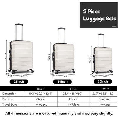 SEGMART Carry on Luggage Set, 3pcs 20''/24''/28'' Fashion Lightweight Suitcase Travel Sets for Women, 3-in-1 Portable Carry on Trolley Case with Telescoping Handle, Beige, S9351