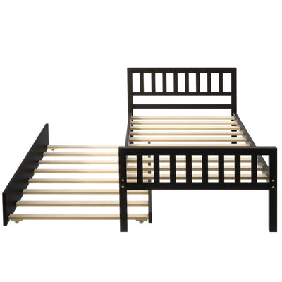 Twin Bed Frame No Box Spring Needed, SEGMART Twin Bed Frame with Trundle, Twin Bed Frames for Kids/Adults/Teens, Twin Size Platform Bed Frame with Headboard/Wood Slat Support, Espresso, LLL4673
