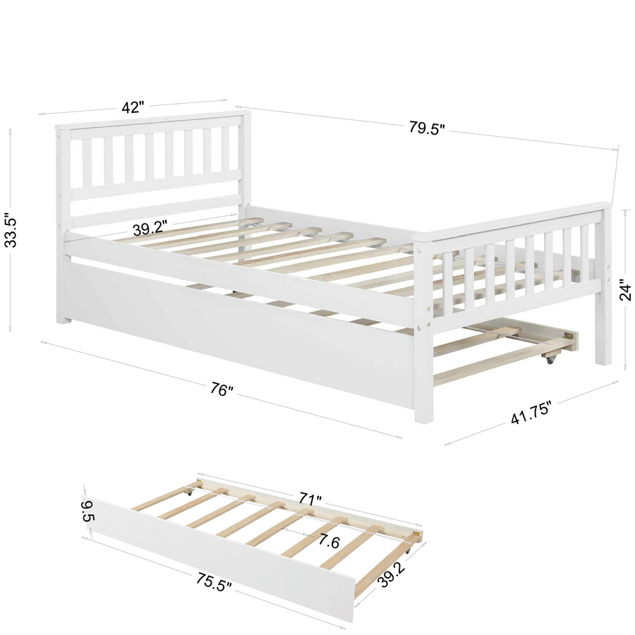 Twin Size Bed with Trundle, Twin Size Bed Frame for Girls Boys, SEGMART Wooden Twin Bed Frame with Headboard and Footboard/Wood Slat Support, Kids Twin Bed Frame No Box Spring Needed, White, H702