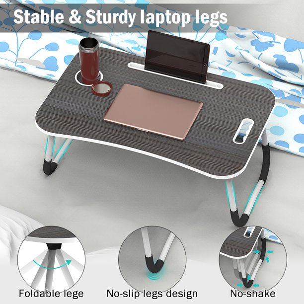 Fold Laptop Desk for Bed, Portable Laptop Bed Tray with Legs, Small Lazy Laptop Bed Tray with iPad Slots, Black Laptop Table for Adults/Students/Kids, Eating Working Desk for Couch/Sofa/Floor, HJ1832