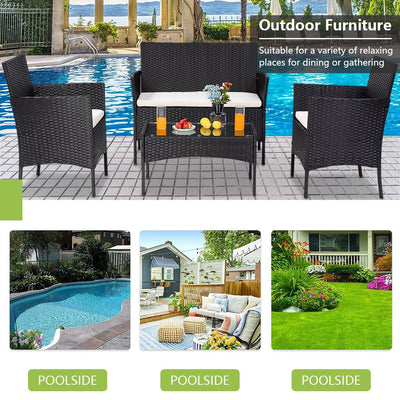 Wicker Patio Sets, 4 Piece Outdoor Conversation Set With Glass Dining Table, Loveseat & 2 Cushioned Chairs, Black Patio Furniture Sets with Coffee Table for Yard, Porch, Garden, Poolside, LL883