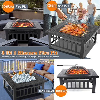 32'' Wood Burning Fire Pit, Outdoor Square Metal Fire Pit Table, Backyard Patio Garden Wood Burning Heater, BBQ, Ice Pit with Charcoal Rack, Poker, Fit for Party Picnic Camping