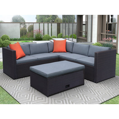 Segmart 4 Pc Outdoor Patio Sectional Set, Brown and Gray Wicker with Cushion, L