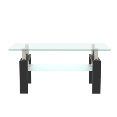 Glass Coffee Table with Lower Shelf, Clear Rectangle Glass Coffee Table, Modern Coffee Table with Metal Legs, Rectangle Center Table Sofa Table Home Furniture for Living Room, L5509