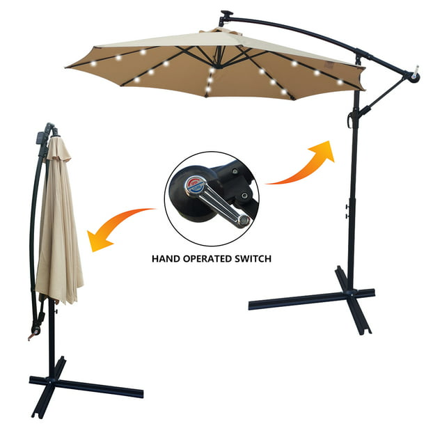 Patio Umbrella with Led Lights, 10FT Solar LED Offset Outdoor Umbrella, Hanging Cantilever Market Patio Umbrella with Crank, Cross Base, Backyard Offset Umbrella for Garden Pool Deck, L6089