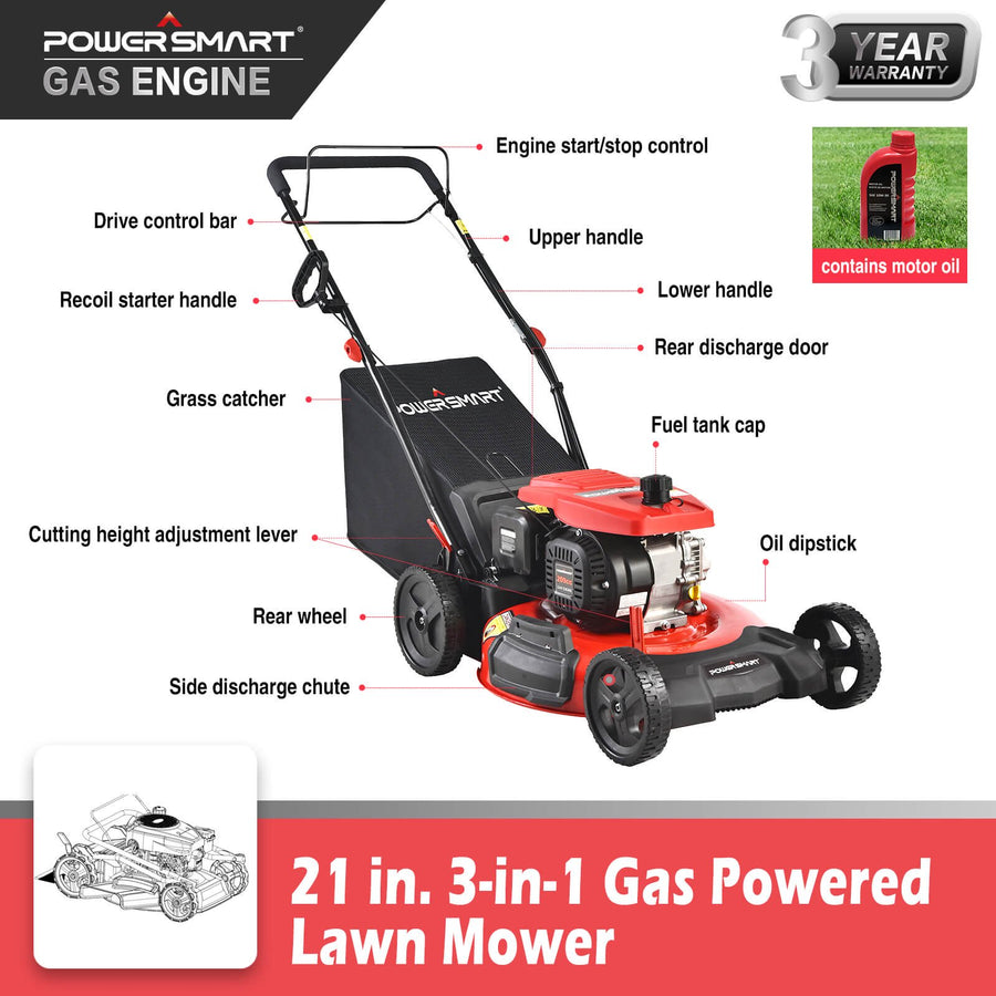 21-Inch 3-in-1 Gas Powered Self Propelled Lawn Mower, Gas Lawn Mower with Bag, 5 Adjustable Heights 1.18"-3", 209CC 4-Stroke Engine, Oil Included - Fits for Garden Backyard Lawn