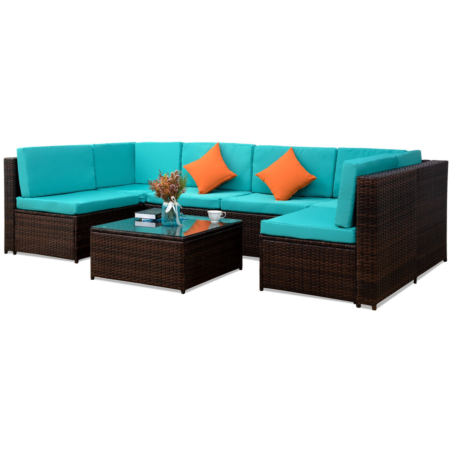 Patio Dining Sets Clearance, 7 Piece Patio Conversation Furniture Sets with 6 PE Wicker Sofas, 2 Pillows, Coffee Table, All-Weather Patio Sectional Sofa Set with Cushions for Backyard Porch Poolside