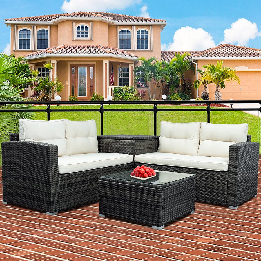 SEGMART Patio Rattan Sectional Couch Set, 4 PCS Outdoor Wicker Furniture Set, Elegant Cushioned Sofa Set, Conversation Chair Set with Coffee Table & Cushions for Backyard Balcony Lawn Pool, B890