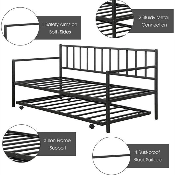 Twin Metal Trundle Bed Frame, SEGMART Twin Trundle Beds with Trundle Included, Daybed & Trundle with Metal Slat Support, Twin Daybed for Adults Kids Teens, Bed Frame No Box Spring Needed, Black