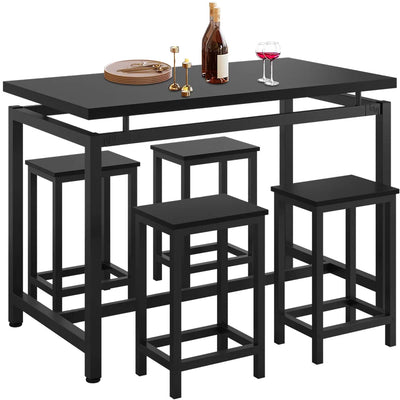5 Piece Bar Table Set, Kitchen Counter Height Table with 4 Stools, Space Saving, for 4 Persons with Metal Frame, Wood Dining Table & Chair Set for Breakfast Nook Pub Bistro