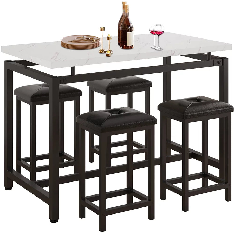 5 Piece Bar Table Set, Kitchen Counter Height Table with 4 Stools, Space Saving, for 4 Persons with Metal Frame, Wood Dining Table & Chair Set for Breakfast Nook Pub Bistro