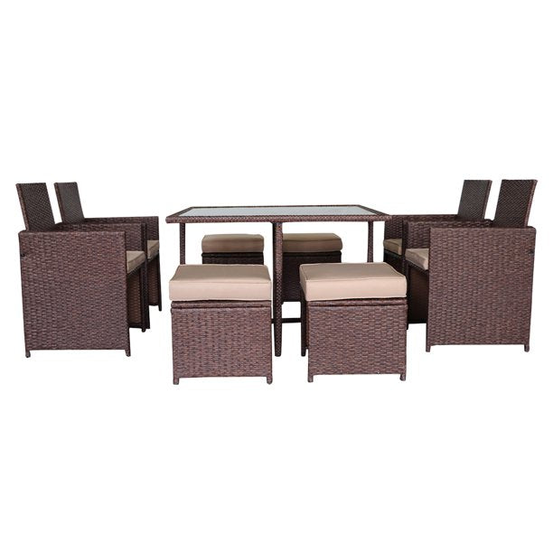 Patio Dining Sets Clearance, 9 Piece Patio Furniture Sets with 4 PE Wicker Chairs, 4 Ottomans, Glass Table, All-Weather Outdoor Patio Dining Conversation Set with Cushions for Backyard, Lawn, Garden