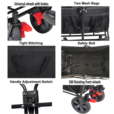 Outdoor Folding Utility Wagon, Collapsible Beach Wagon Cart with 360 Rotating Front Wheels and Drink Holders, Portable Garden Cart for Camping, Picnic, Beach, TR32
