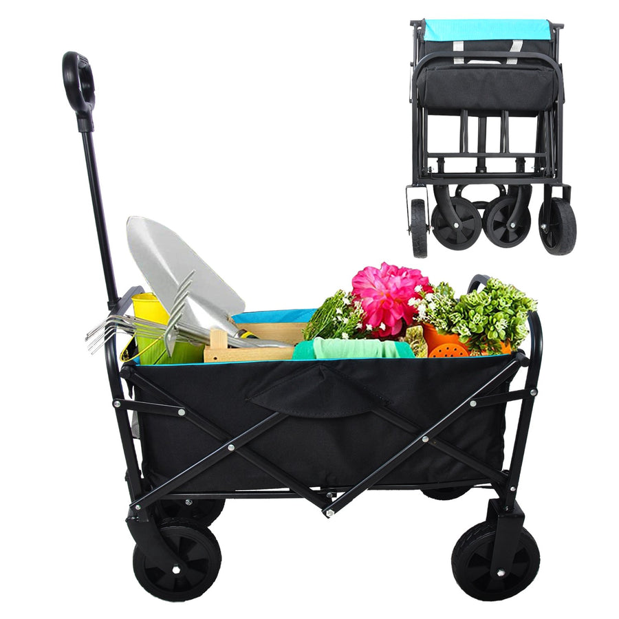 Outdoor Folding Utility Wagon, Collapsible Beach Wagon Cart with 360 Rotating Front Wheels and Drink Holders, Portable Garden Cart for Camping, Picnic, Beach, TR32
