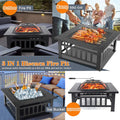 Multifunctional Fire Pit Table, 32'' Fireplace Heater/BBQ/Ice Pit, Square Metal Fire Pit Stove with Screen Lid and Log Poker for Backyard Garden Camping Picnic Bonfire, K1209