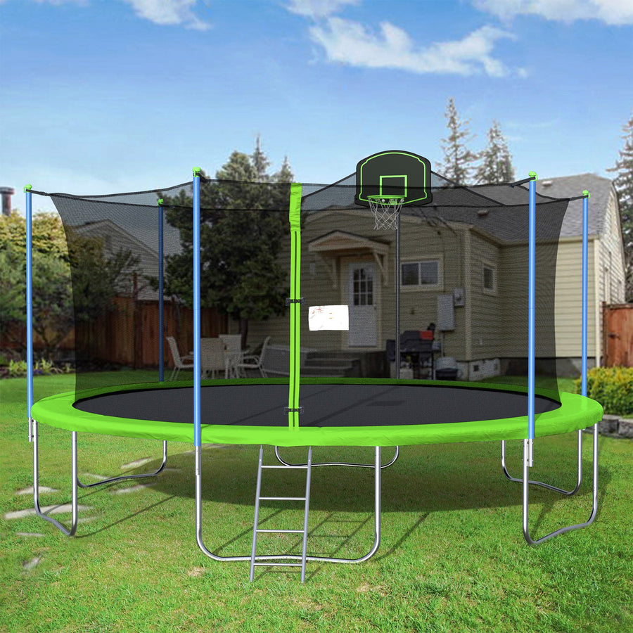 16FT Trampoline, Upgraded Outdoor Round Trampoline with Safety Enclosure, Basketball Hoop and Ladder, Outdoor Trampoline for Family School Entertainment, Heavy Duty Frame and Coiled Spring, B235