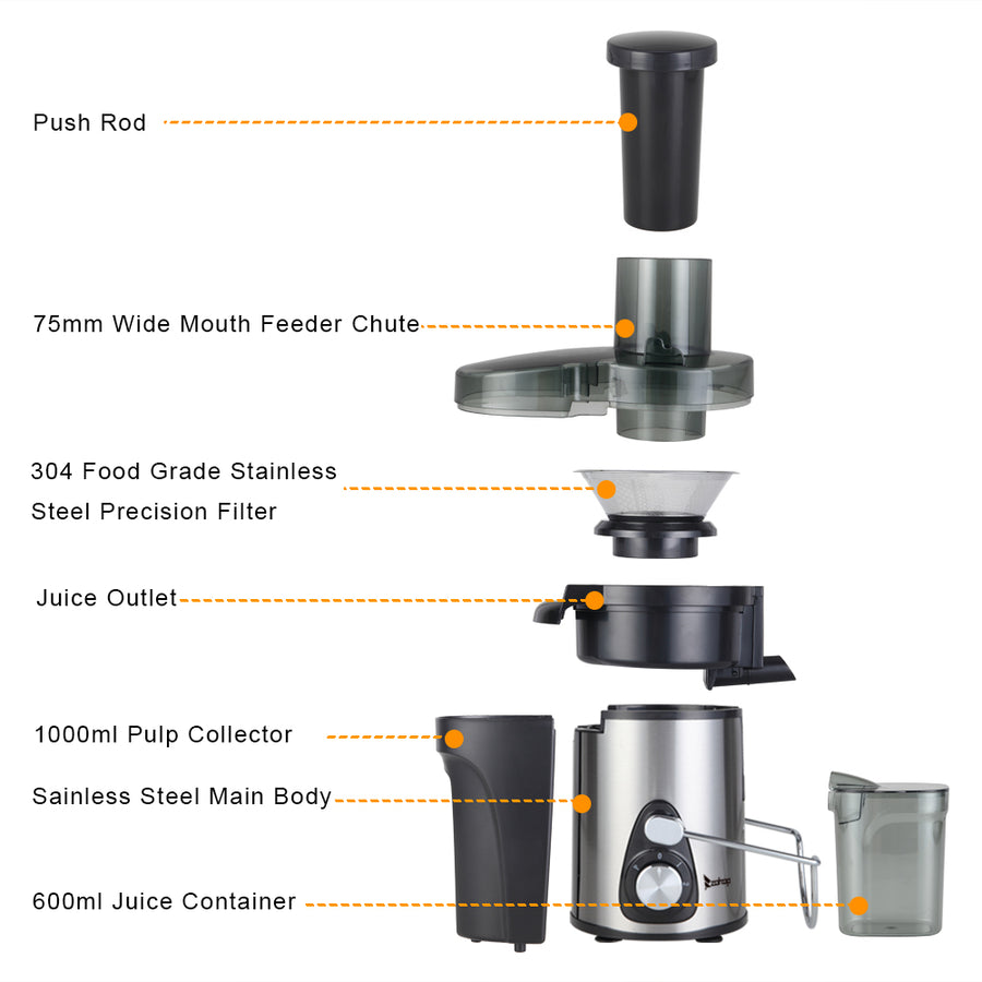 1L 3 Speed Juicer Machine, Juice Extractor with Big Mouth 3” Feed Chute, 304 Stainless-steel Filter, High Juice Yield, Easy to Clean & BPA-Free, 700W, Anti-drip, Dishwasher Safe, B150