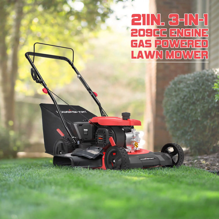 Gas Lawn Mowers, 3-in-1 Gas Powered Push Lawn Mower for Lawn - 21 Inch, 209CC 4-Stroke Engine, Walk-behind Gas Lawn Mower with Rear Bag, 5 Adjustable Cutting Heights, Oil Included