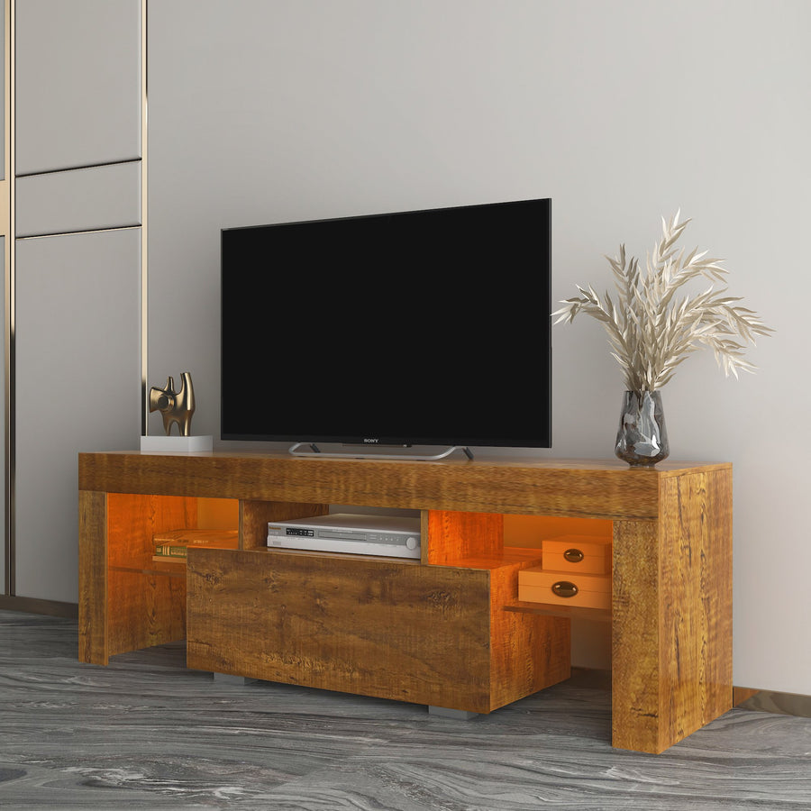 Television Stands for Living Room, Walnut TV Cabinet with LED and Storage Drawers for TVs up to 55'', Console Table Entertainment Center Furniture, S9818