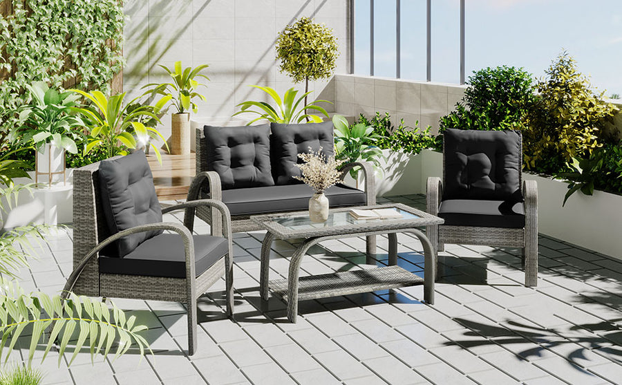 4-Piece Outdoor Patio Furniture Sets, SEGMART Outdoor Deck Wicker Chair Conversation Set with Soft Cushion, Loveseat and 2 Single Chairs Set for Porch Garden Poolside Balcony, Black, S1840