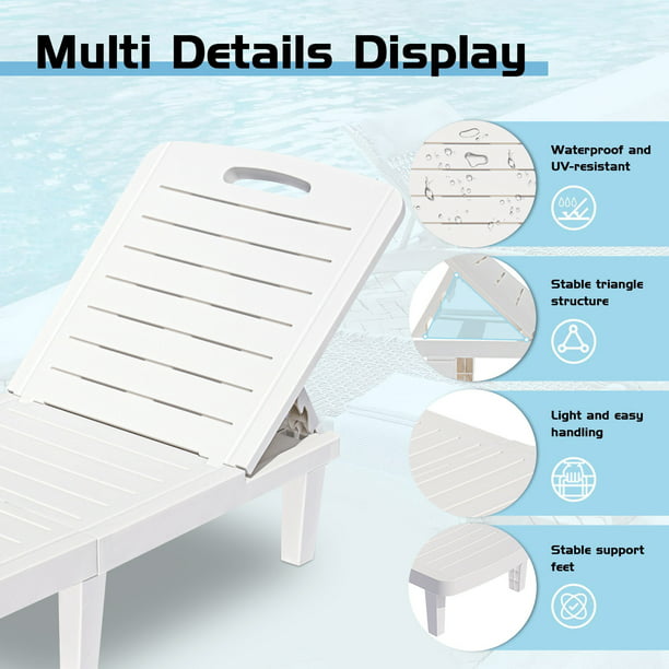 Chaise Lounge for Beach, 2 Piece Patio Furniture Sets with Retractable Tray, Outdoor Chaise Lounge Chairs with Adjustable Back, All-Weather Plastic Reclining Lounge Chair for Backyard, Garden, Pool, L