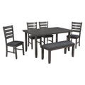 Wood Dining Table and Chair Set of 6, Dining Room Set for 6 Persons with Bench, Rectangular Kitchen Table with 4 Microfiber Padded Chairs Plus One Upholstered Bench, Farmhouse Kitchen Table Set, B1382