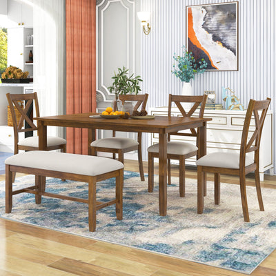 Wood Dining Table and Chair Set of 6, Dining Room Set for 6 Persons with Bench, Rectangular Kitchen Table with 4 Microfiber Padded Chairs Plus One Upholstered Bench, Farmhouse Kitchen Table Set, B1382