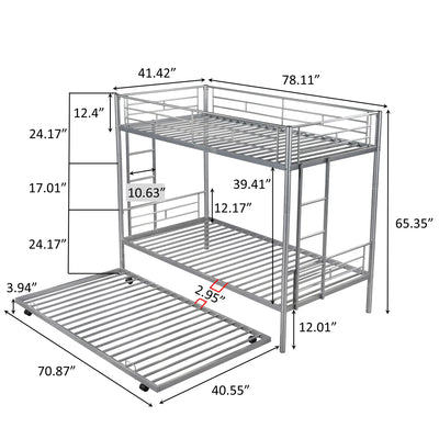 Bunkbed with Roll Out Trundle Bed Frame, Metal Bunk Bed Can Be Divided Into Two Twin Beds, Trundle Twin Bunk Bed with Ladders and Guardrails for Guest Room, Space Saving Bedroom Furniture, Silver, K10