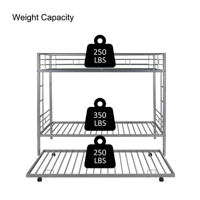 Bunkbed with Roll Out Trundle Bed Frame, Metal Bunk Bed Can Be Divided Into Two Twin Beds, Trundle Twin Bunk Bed with Ladders and Guardrails for Guest Room, Space Saving Bedroom Furniture, Silver, K10