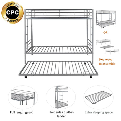 Bunkbed with Roll Out Trundle Bed Frame, Metal Bunk Bed Can Be Divided Into Two Twin Beds, Trundle Twin Bunk Bed with Ladders and Guardrails for Guest Room, Space Saving Bedroom Furniture, Silver, K10