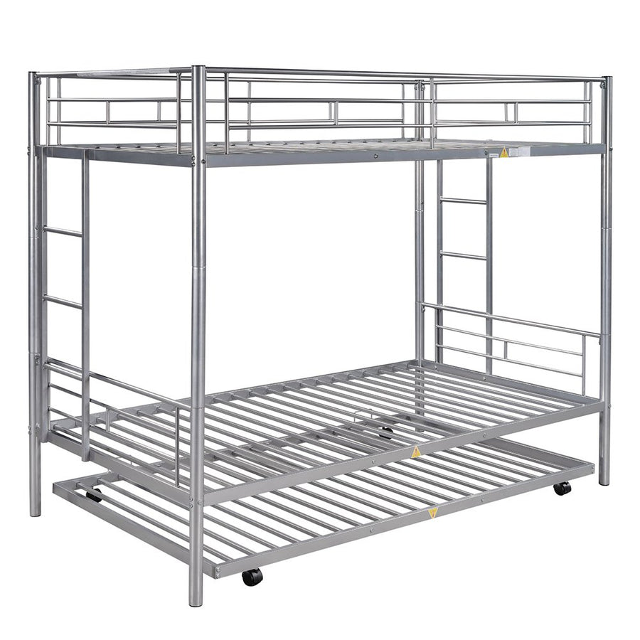 Bunkbed with Roll Out Trundle Bed Frame, Metal Bunk Bed Can Be Divided Into Two Twin Beds, Trundle Twin Bunk Bed with Ladders and Guardrails for Guest Room, Space Saving Bedroom Furniture, Silver, K10
