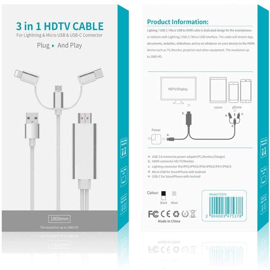 HDMI Cord for iphone to TV, 3 in 1 Lighting/Micro USB/Type-C to HDMI Cable, 1080P Digital AV Cable Connector Cord for iPhone/Android/iPad/to HDTV/Projector/Monitor, L5528